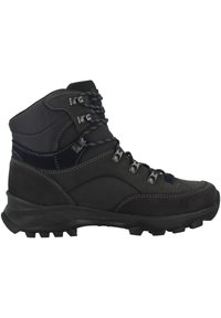 Bota de caminhada preta com parte superior em camurça e sintético, apresentando ilhós de metal, atacadores e uma sola robusta para tração. Design de corte médio.