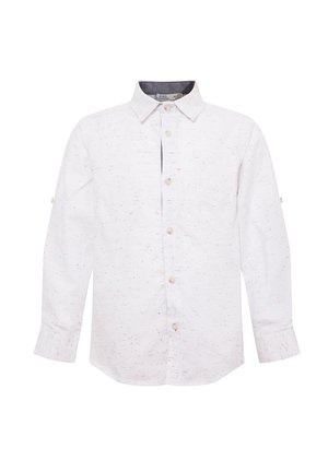 Chemise blanche à manches longues présentant un motif tacheté avec des éclats bleus, rouges et jaunes. Comprend une patte de boutonnage à l'avant et une poche poitrine.