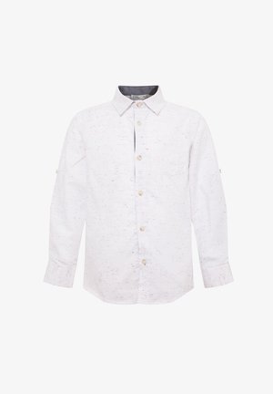 Weißes Langarmhemd mit geflecktem Muster in Blau, Rot und Gelb. Mit Knopfleiste und Brusttasche.