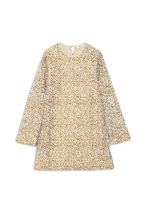 Haljina dugih rukava u bež boji s smeškastim smeškom leoparda, koja ima okrugli izrez i otvaranje u obliku ključa na leđima. Meka tkanina s teksturiranim završetkom.