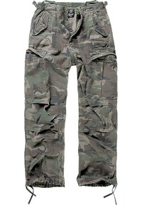 Pantalons cargo camouflage en vert et gris, avec plusieurs poches, une taille élastique, des poignets de cheville ajustables et une coupe décontractée.