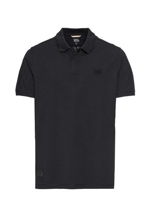 Zwarte polo-shirt gemaakt van katoen, voorzien van een drieknopenlijst, korte mouwen en een klein merkembleem op de linkerborst.