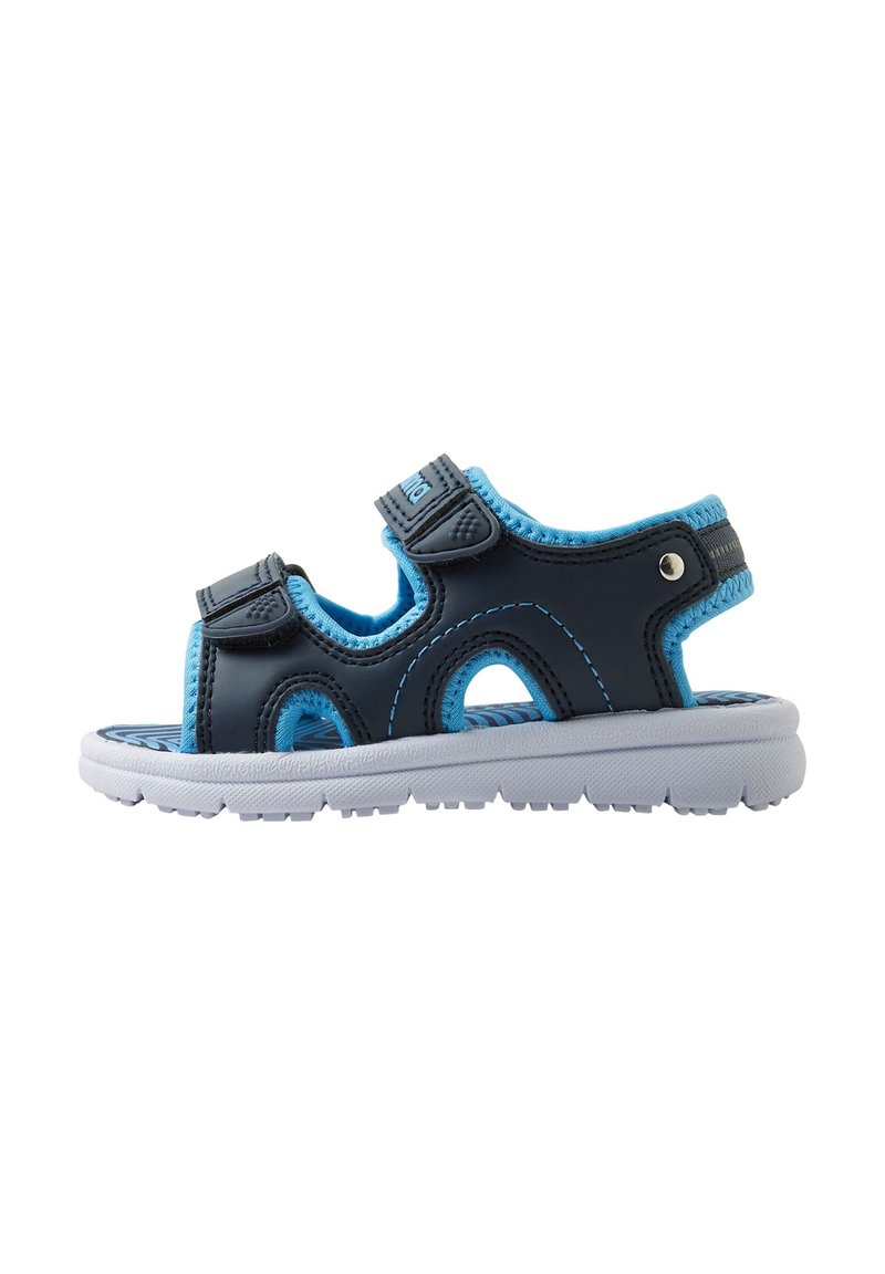 Blue and black sandal with two adjustable straps, open sides, and a textured sole; made of synthetic material and featuring a patterned insole.