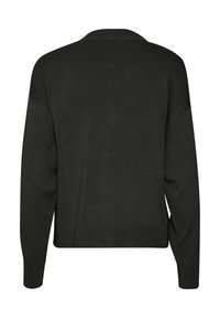Maglione lavorato a maglia verde scuro, con una vestibilità ampia, caratterizzato da un colletto largo, spalle scese e polsini a costine. Senza chiusure visibili.