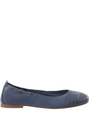 Blue leather ballet flat with rounded toe, quilted detailing, and elasticized back for comfort. Flat rubber sole for stability.