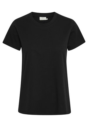 Zwarte t-shirt met korte mouwen van zachte katoen. Heeft een klassieke ronde hals en een rechte snit. Glad textuur zonder zichtbare patronen.