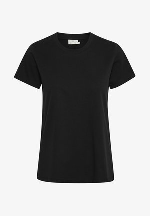 Czarna koszulka z krótkim rękawem wykonana z miękkiej bawełny. Posiada klasyczny okrągły dekolt oraz prosty krój. Gładka faktura bez widocznych wzorów.