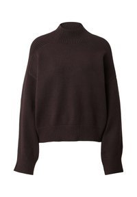 Dunkelbrauner Pullover mit hohem Kragen, gerippten Bündchen und verkürztem Saum. Weiches Material mit einem lässigen Schnitt und subtilen Schulternähten.