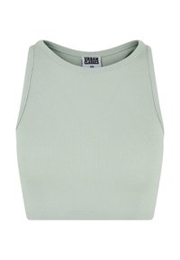 Haut court sans manches vert clair à côtes, avec encolure ronde et étiquette Urban Classics XS à l'intérieur du col.