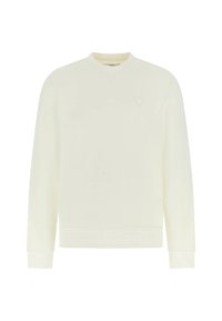 Licht crèmekleurige sweatshirt met een ronde hals, lange mouwen en geribbelde boorden. Heeft een subtiel driehoekig logo op de borst. Glad van textuur.