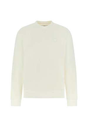 Felpa color crema chiaro con scollo rotondo, maniche lunghe e polsini a coste. Presenta un logo triangolare discreto sul petto. Tessuto dalla texture liscia.