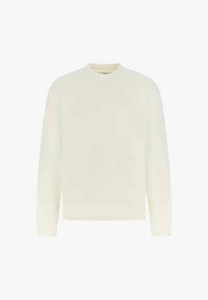 Hellcremefarbenes Sweatshirt mit Rundhalsausschnitt, langen Ärmeln und gerippten Bündchen. Verfügt über ein dezentes dreieckiges Logo auf der Brust. Glatte Textur.