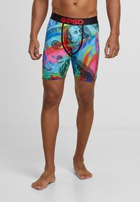 Boxeri colorați cu un design grafic reprezentând bani. Realizați dintr-un material elastic, cu un brâu elastic negru ce poartă logo-ul brandului.