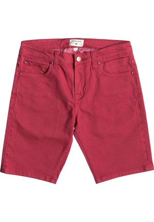 Rote Jeansshorts mit Knopfverschluss und Fronttaschen. Mit kontrastierenden Nähten und metallischen Beschlägen. Gerades Schnittdesign.