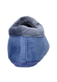 Blauwe suède pantoffel met een zachte grijze neplederen voering en een textuur rubberen zool, voorzien van een afgeronde achterkant en gestikte details.