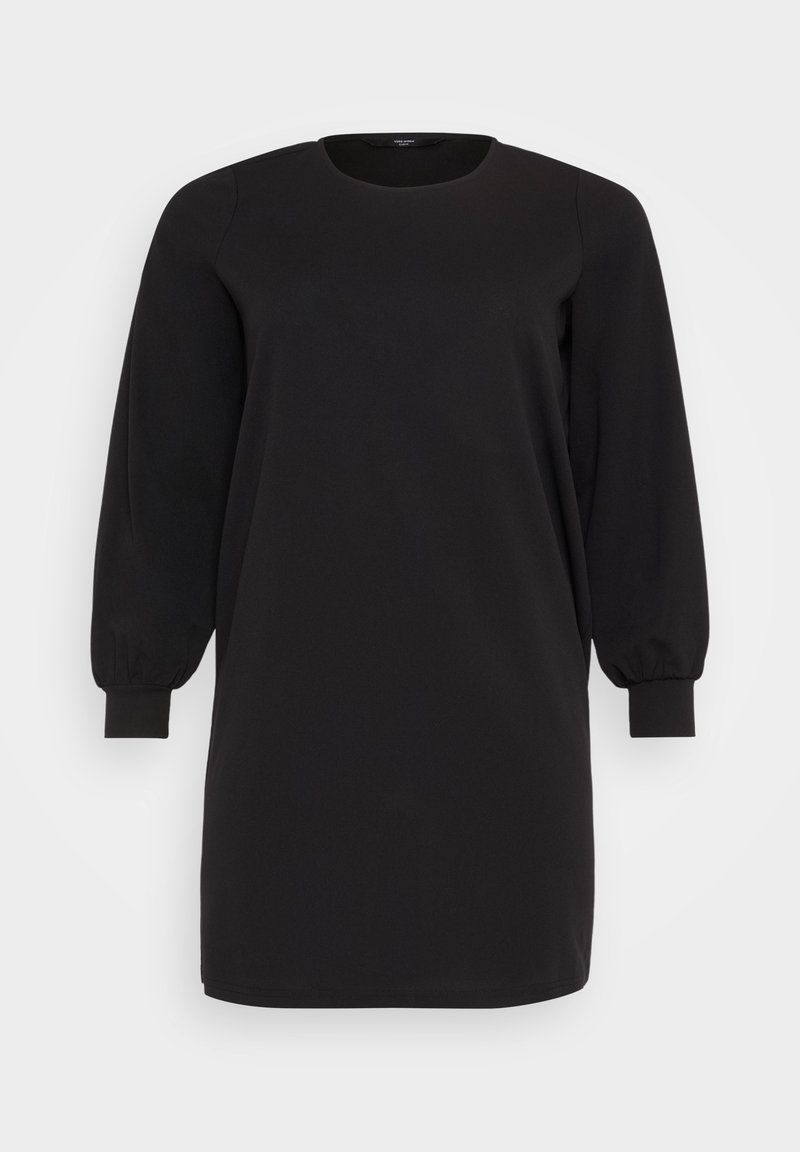 Robe noire à manches longues avec un col rond et des poignets ajustés, présentant une silhouette droite et simple.