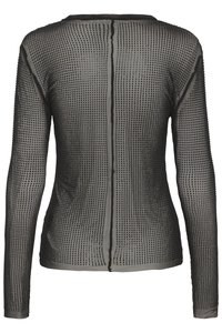 Zwarte long sleeve mesh top met kleine ronde studs die gelijkmatig over de stof zijn verdeeld, gezien vanaf de achterkant met een centrale naad.