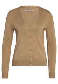 Brown V-neck cardigan made of soft knit fabric, featuring a button closure and long sleeves with ribbed cuffs and hem.