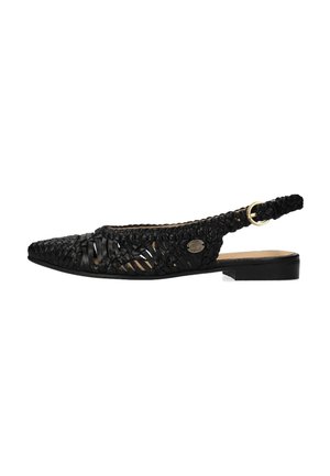 Zwarte geweven platte schoen met uitgesneden ontwerp, slingback-bandje, ronde neus en metalen accent aan de zijkant. Gemaakt van leer met een gestructureerde afwerking.