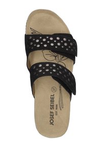 Zwarte slidesandaal met twee geperforeerde banden, gevoerd voetbed en een bedrukt bloemendesign. Rubberen zool met ronde randen. Maat 37.