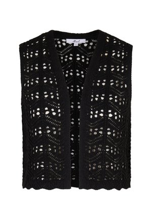 Zwarte gebreide mouwloze cardigan met een kantachtige uitstraling, voorzien van geometrische patronen en gegolfde randen. Open voorkant zonder sluitingen.