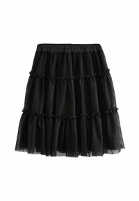 Jupe en tulle noir avec un design à volants, ornée de accents froncés et d'une taille élastique. Tissu transparent avec une texture légère.
