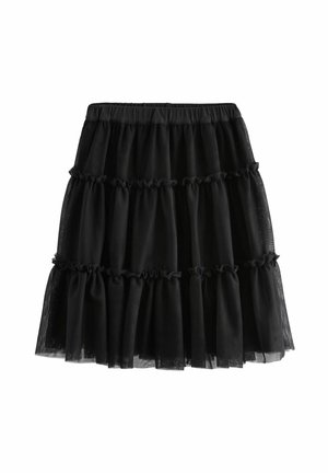 Čierna tylová sukňa s viacerými vrstvami, zdobená volánikmi a elastickým pásom. Priesvitný materiál s jemnou textúrou.