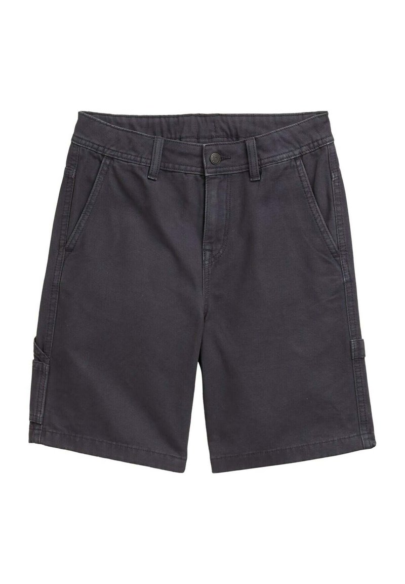 Donkergrijze shorts van een katoenmix, met zijzakken, een knoopsluiting en riemlussen. Gladde textuur met gestikte details.