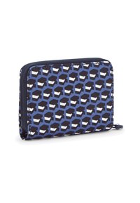Zippered wallet in blue fabric with a geometric cube pattern in black and white. Rectangular shape with a textured surface.