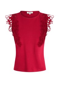 Top rosso a maniche corte con dettagli in pizzo sulle spalle, scollatura rotonda e design aderente. Realizzato in tessuto morbido e traspirante.