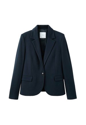Dunkelblauer Blazer mit einem Knopf, abgesteppten Revers und Pattentaschen, auf weißem Hintergrund präsentiert.