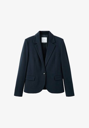 Dunkelblauer Blazer mit einem Knopf, abgesteppten Revers und Pattentaschen, auf weißem Hintergrund präsentiert.