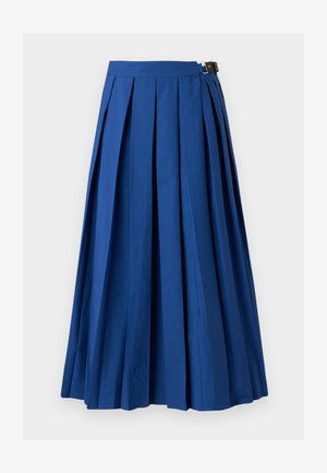 Jupe plissée bleu royal longueur genou avec fermeture à boucle latérale et plis structurés, présentée sur un fond uni.