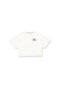T-shirt crop blanc en coton, avec des manches courtes et un col rond. Décoré d'un motif floral coloré sur le devant.