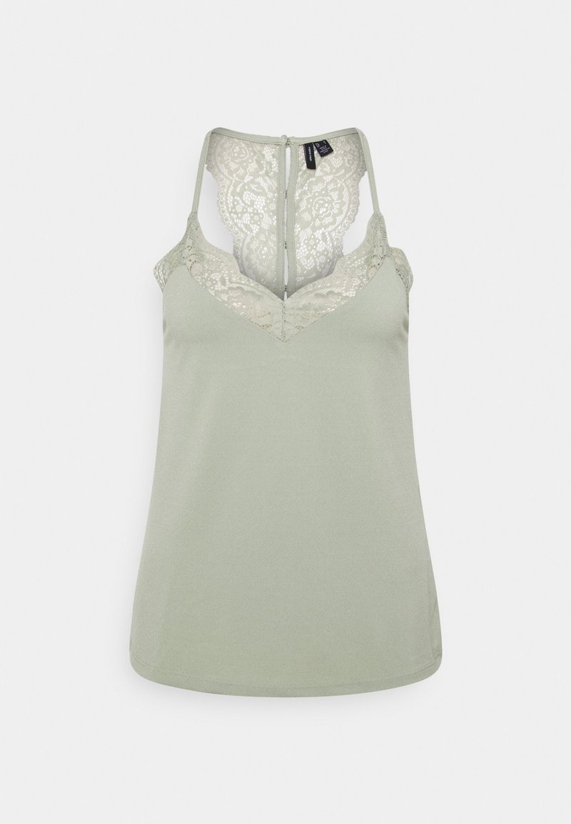 Débardeur vert clair avec un empiècement en dentelle et un décolleté en V, doté de bretelles réglables et d'un ourlet droit. Texture de tissu lisse.