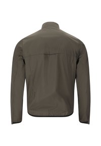 Veste légère vert foncé à manches longues, col haut et ourlet élastique, vue de dos sur fond blanc.