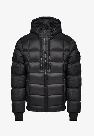 Svart dunjakke med hette, med kviltet design, to glidelåslommer på brystet og ribbestrikkede mansjetter og hem. Lett materiale.