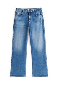 Lichtblauwe denim wide-leg jeans met een medium taille, vijf zakken en een gefranjerde zoom. De stof heeft een zachte textuur met vervaagde gebieden.