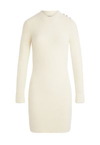 Abito lavorato a maglia di colore crema con maniche lunghe e collo alto. Presenta dettagli con bottoni sulla spalla sinistra e una texture a costine su tutta la superficie.