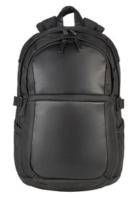 Zaino nero con una superficie liscia simile alla pelle, compartimenti con zip, doppie maniglie superiori e spallacci imbottiti.
