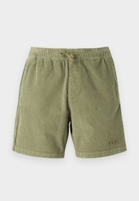 Hellgrüne Cordshorts mit elastischem Bund und Kordelzug. Sie verfügen über seitliche Taschen und subtile Steppdetails.
