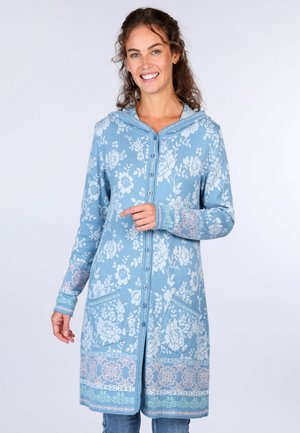 Light blue floral cardigan with a hood, button closure, two pockets, long sleeves, and patterned cuffs and hem in soft, textured fabric.