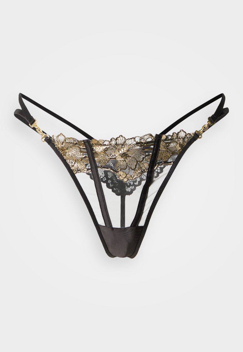 Tanga en dentelle noire avec motif floral doré, comprenant un mesh transparent, des bretelles réglables et des accents en métal doré.