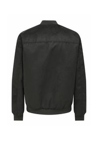 Veste bomber noire avec col, poignets et ceinture côtelés, vue de dos sur fond blanc.