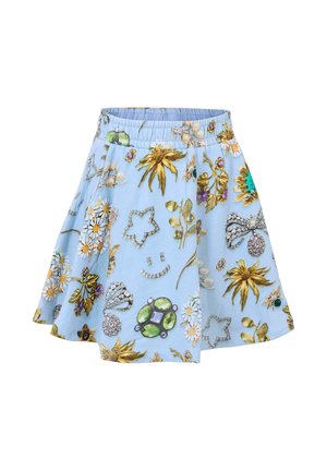 Gonna a stampa floreale in azzurro chiaro con cintura elastica, arricchita da decorazioni gialle, viola e verdi in vari motivi e forme.
