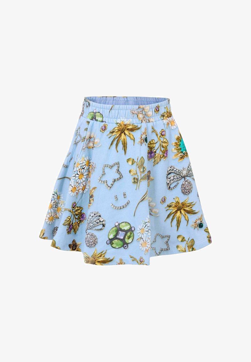 Lichtblauwe rok met bloemenprint en elastische tailleband, voorzien van gele, paarse en groene versieringen in verschillende patronen en vormen.