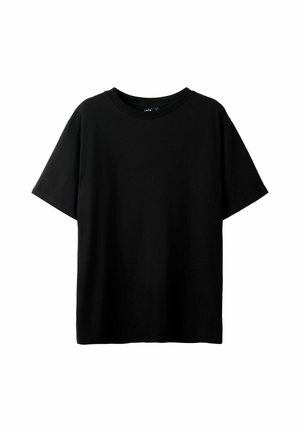 T-shirt noir à manches courtes, en coton doux, avec un col rond, une coupe décontractée et sans motifs ni designs visibles.