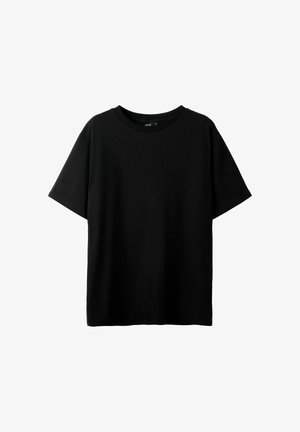 Schwarzes T-Shirt mit kurzen Ärmeln, aus weicher Baumwolle, mit Rundhalsausschnitt, lockerer Passform und ohne erkennbare Muster oder Designs.
