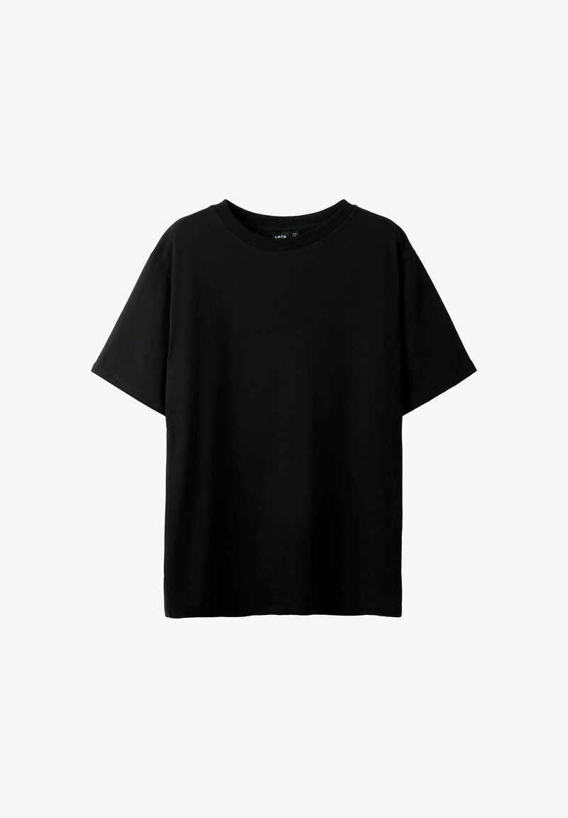 Sort kortærmet t-shirt lavet af blød bomuld, med runde hals, afslappet pasform og uden synlige mønstre eller designs.