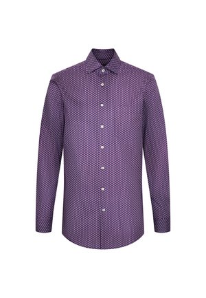 Camicia a maniche lunghe di colore viola con un piccolo motivo circolare bianco, colletto a punta e bottoni bianchi lungo la parte anteriore.